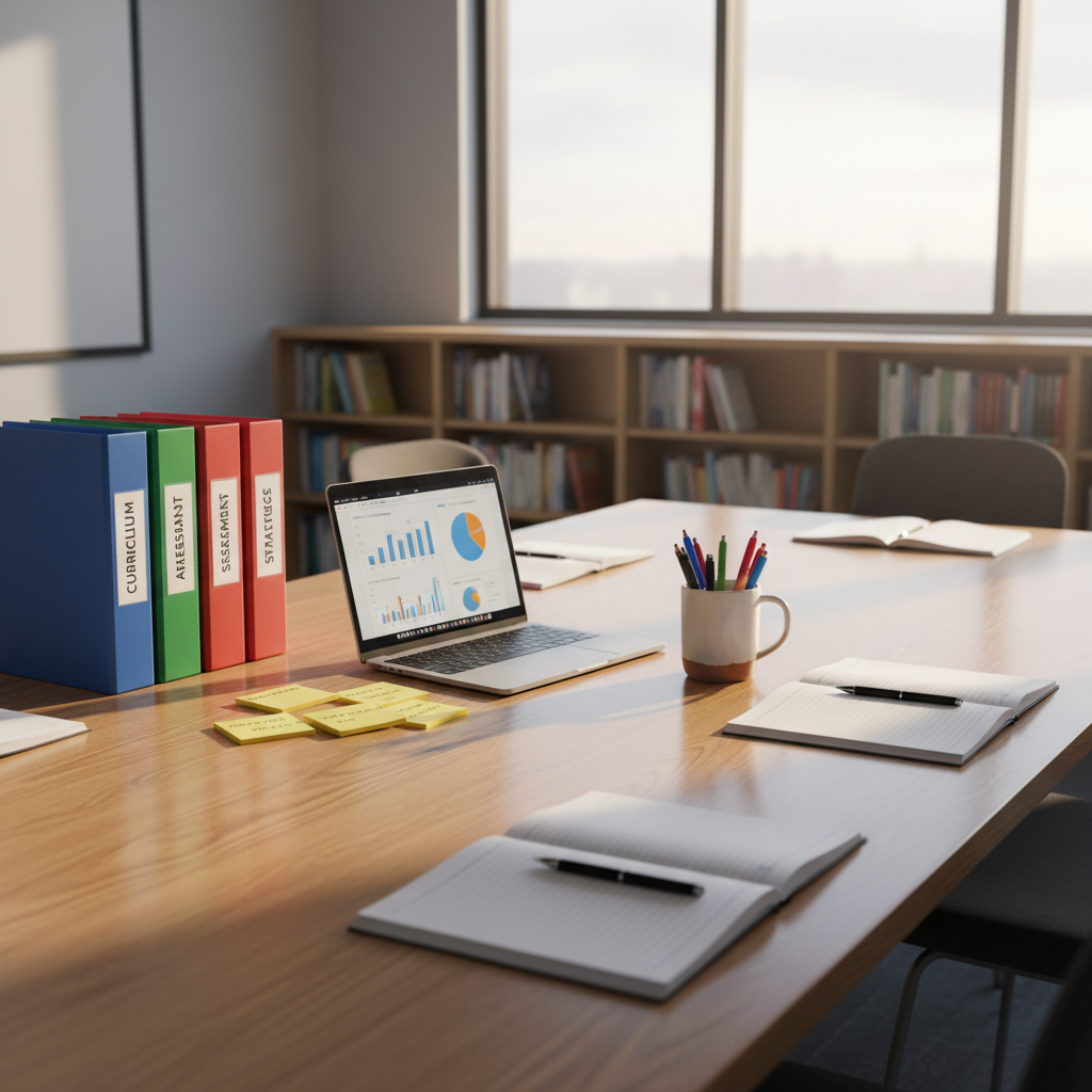 A polished oak conference table covered with neatly arranged teaching materials: color-coded binders, a slim laptop displaying a data dashboard, sticky notes, and a small ceramic mug of pens, in a modern school meeting space with soft morning light.
